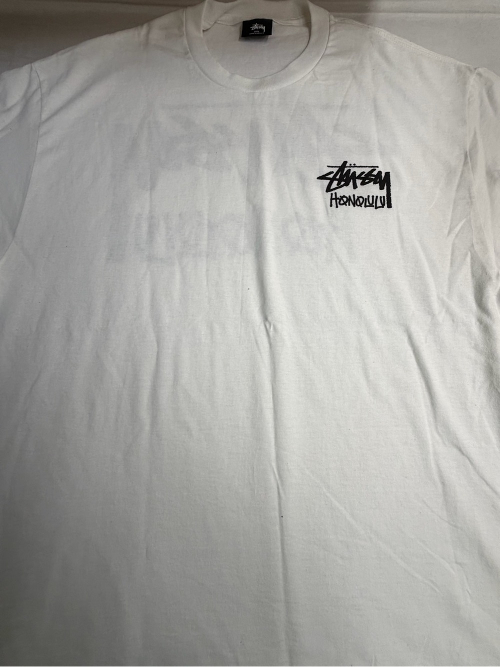 Stussy White Short Sleeve Tee with Black Honolulu Logo